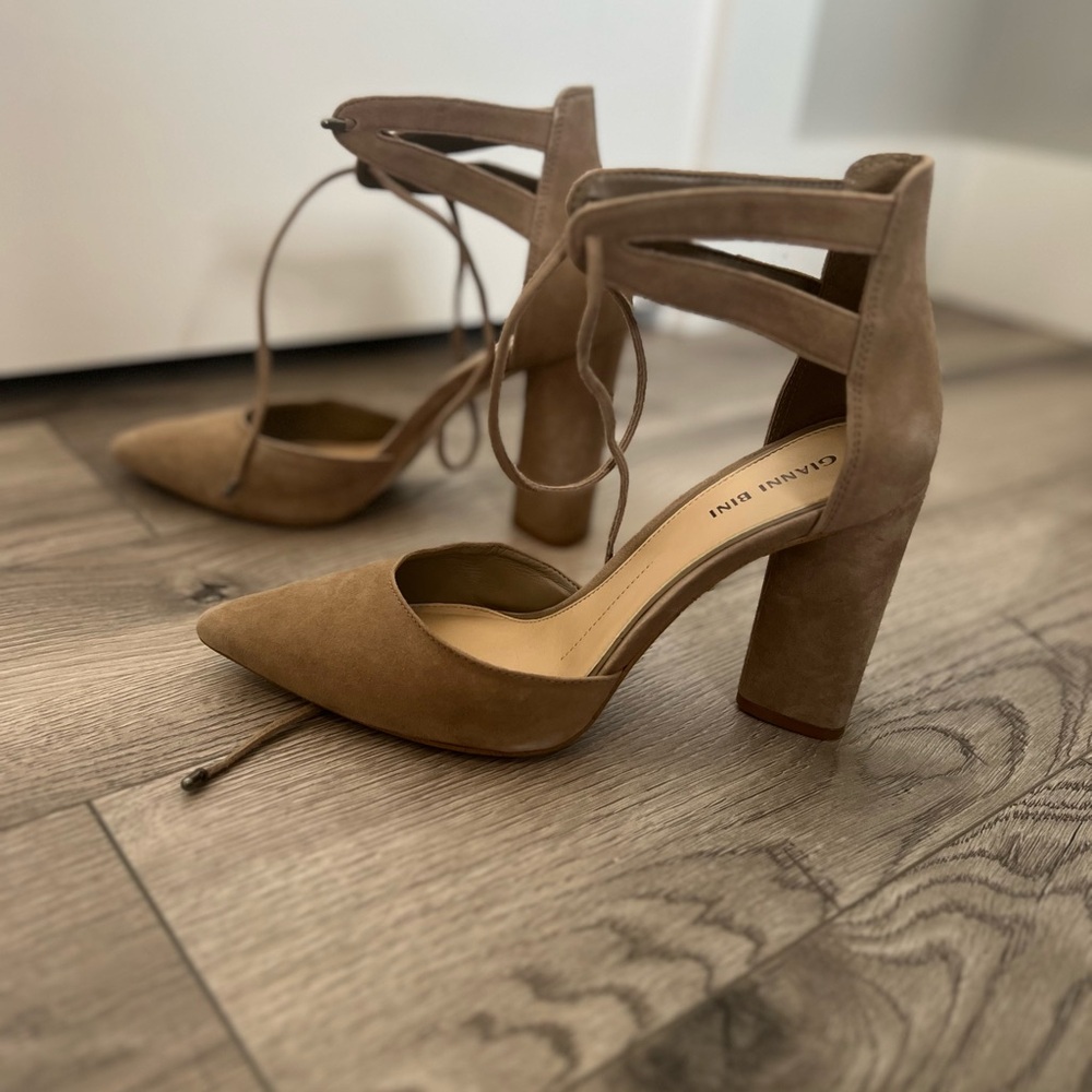 Gianni Bini Suede Taupe Chunky Heel Ankle-Strap Sandals